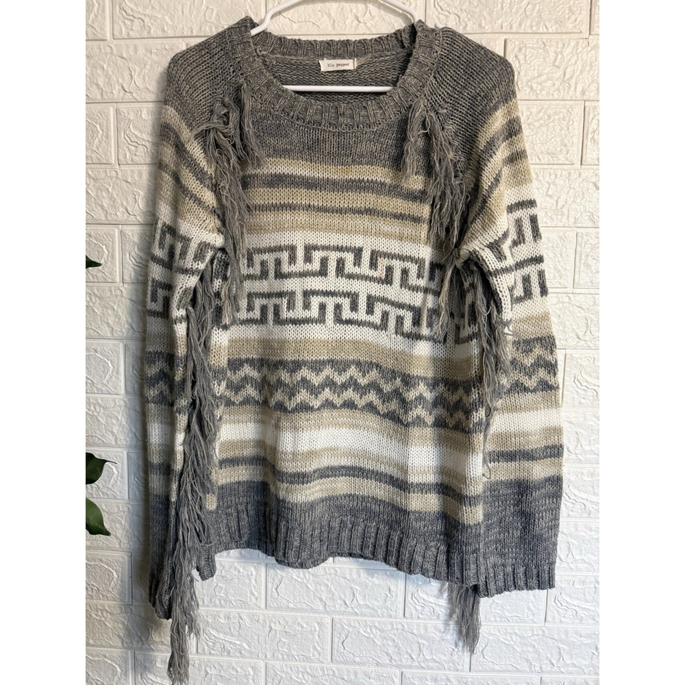 Blu Pepper Geometric Knit Fringe Pullover Sweater Grey Tan White BA3782 L